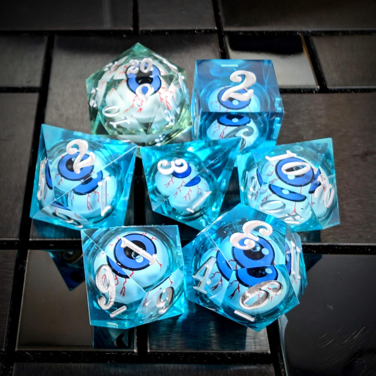 Eye Ball in Clear & Blue Liquid Filled Sharp Resin - 7pcs RPG Dice Set