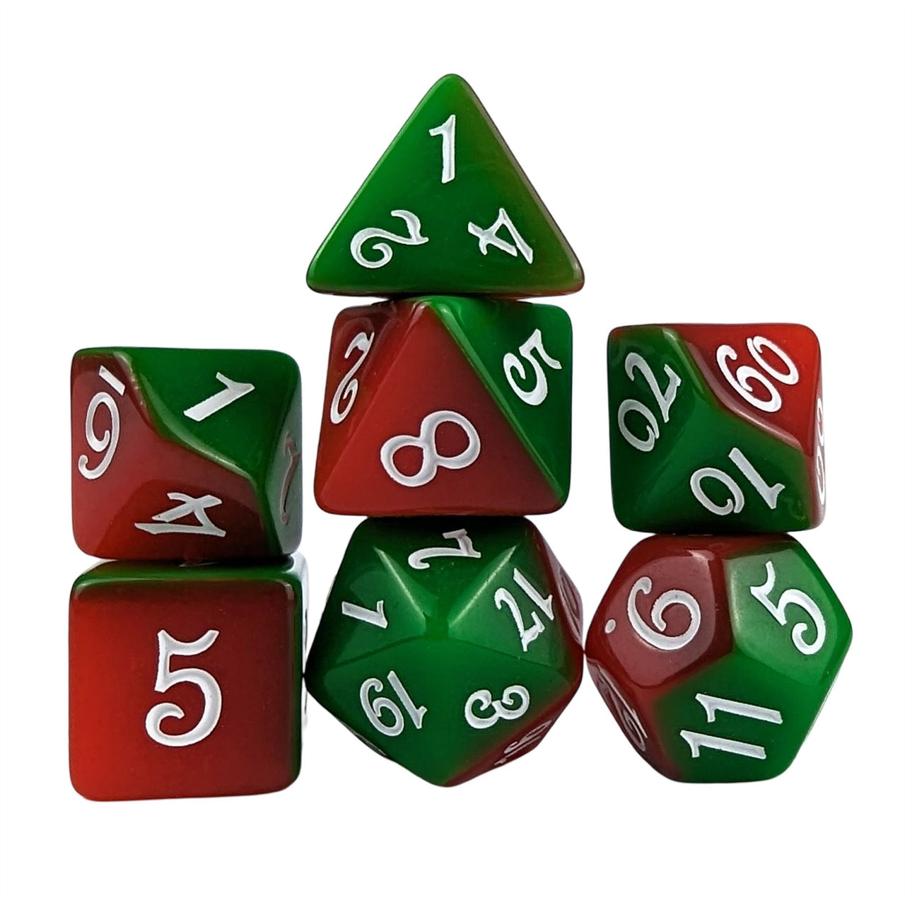 Blend of Red & Green Acrylic - 7pcs RPG Full Dice Set White Stack