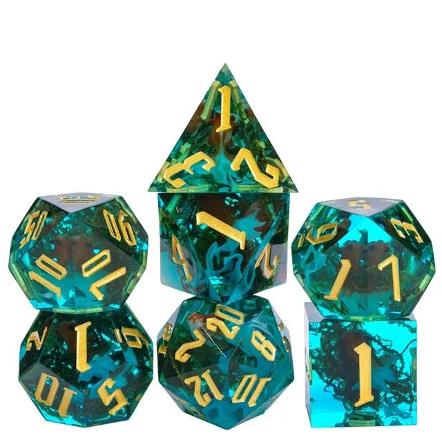 Gold Fish & Moss in Clear & Cyan Filled Sharp Resin - 7pcs RPG Dice Set