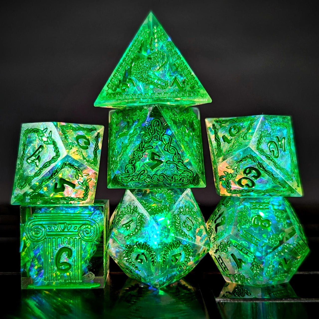 Mythology on Clear with Candy Sharp Resin - 7pcs RPG Dice Set