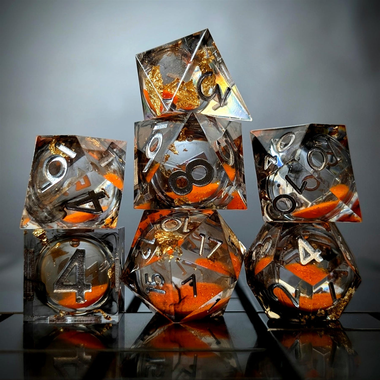 7pcs Dice Sharp Filled Liquid Glow Silver Font Foil Orange Clear
