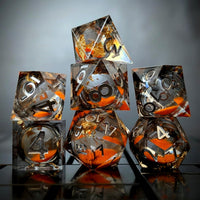 Thumbnail for 7pcs Dice Sharp Filled Liquid Glow Silver Font Foil Orange Clear