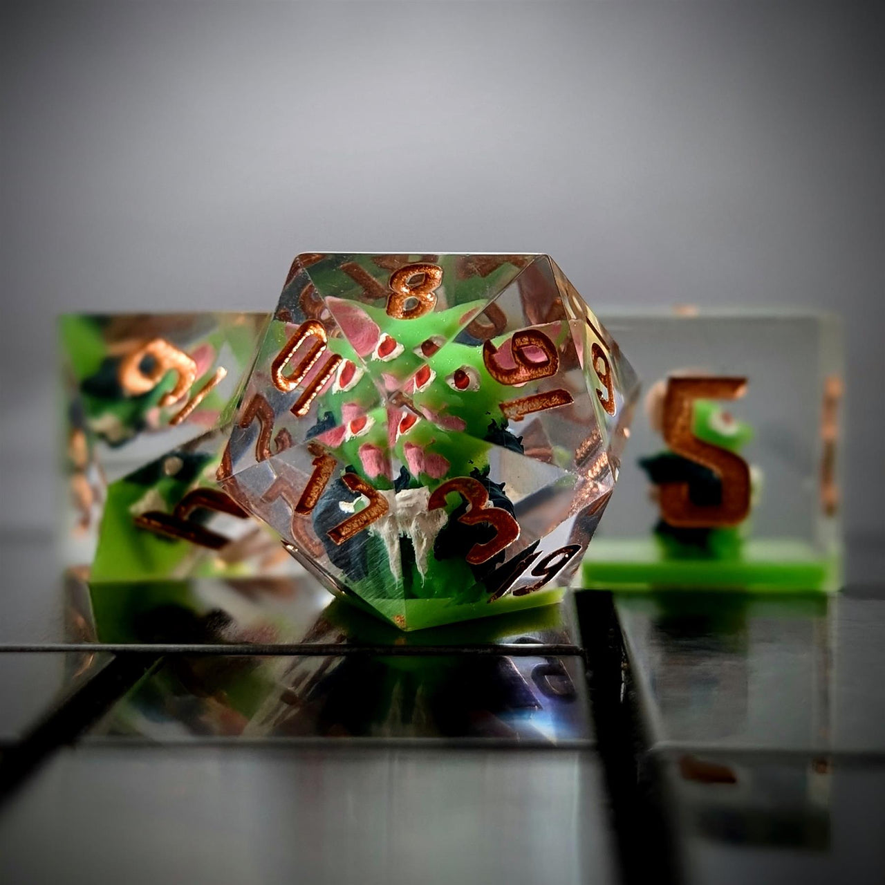 Goblin in Green & Clear Filled Sharp Resin - 7pcs RPG Dice Set