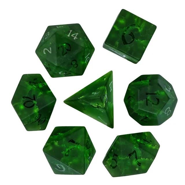 Cracked & Frosted Forest Green Glass - 7pcs RPG Dice Set