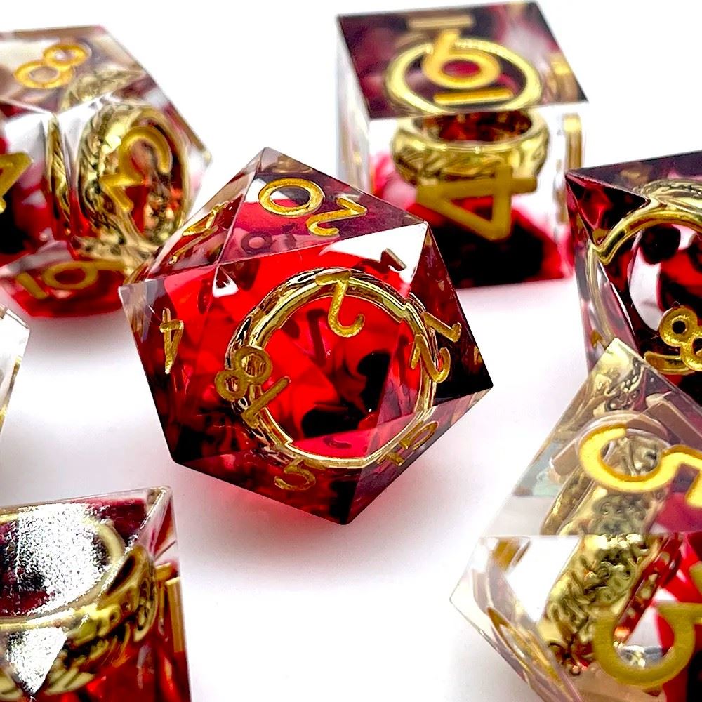 Gold Ring in Red & Clear Filled Sharp Resin - 7pcs RPG Dice Set