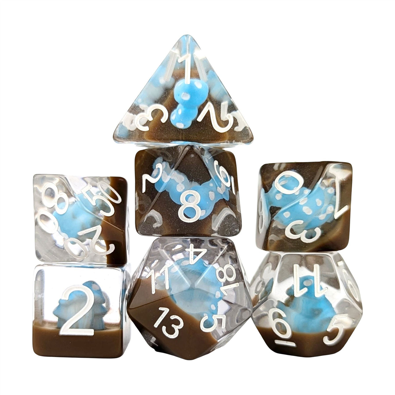 Blue Mashroom in Clear & Brown Resin - 7pcs RPG Full Dice Set