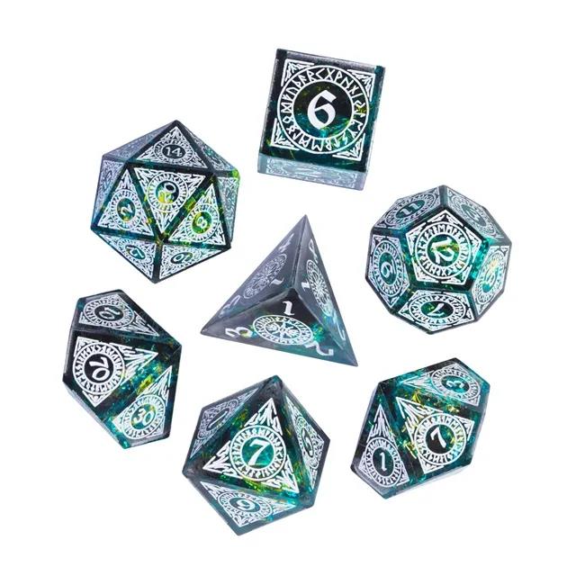 White Pattern on Grey with Candy Sharp Resin - 7pcs RPG Dice Set