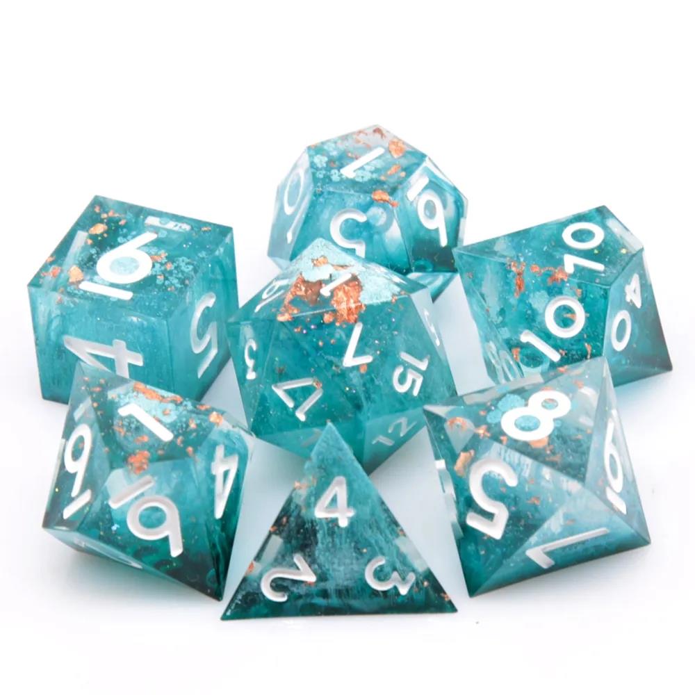 Blue Swirl in Teal with Gold Foil Sharp Resin - 7pcs RPG Dice Set