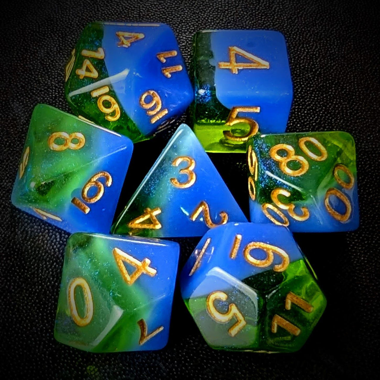 Layered Blue & Green with Shimmer Resin - 7pcs RPG Full Dice Set