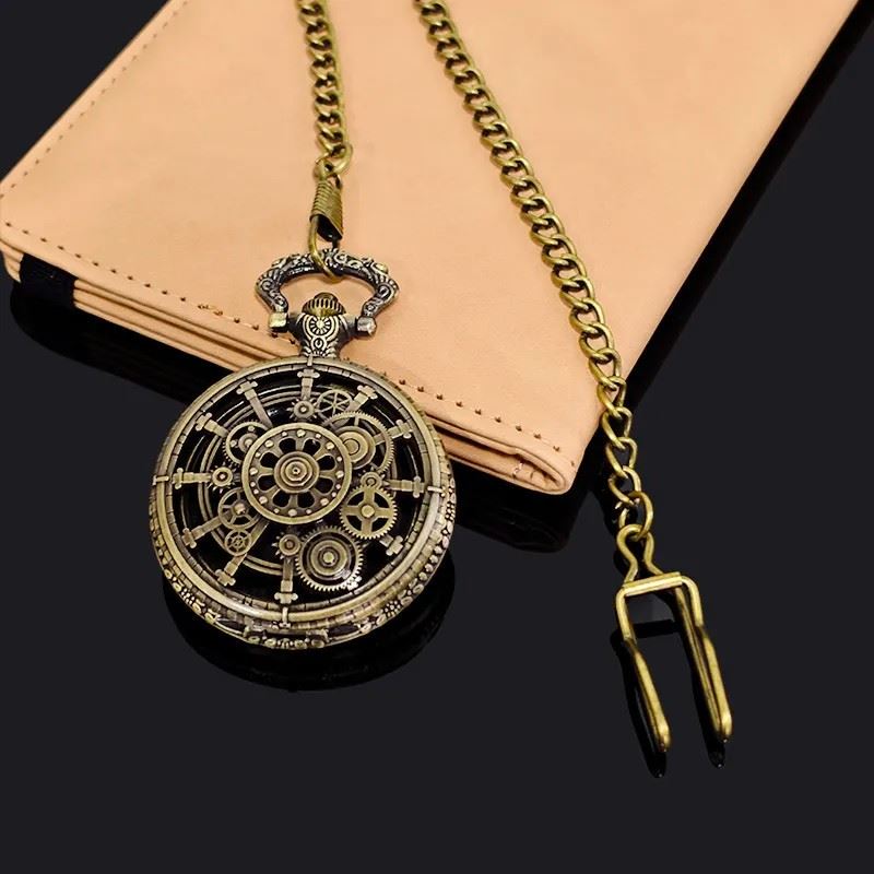 Cog Wheel on Bronze Pocket Watch with Mini Dice - Pendant