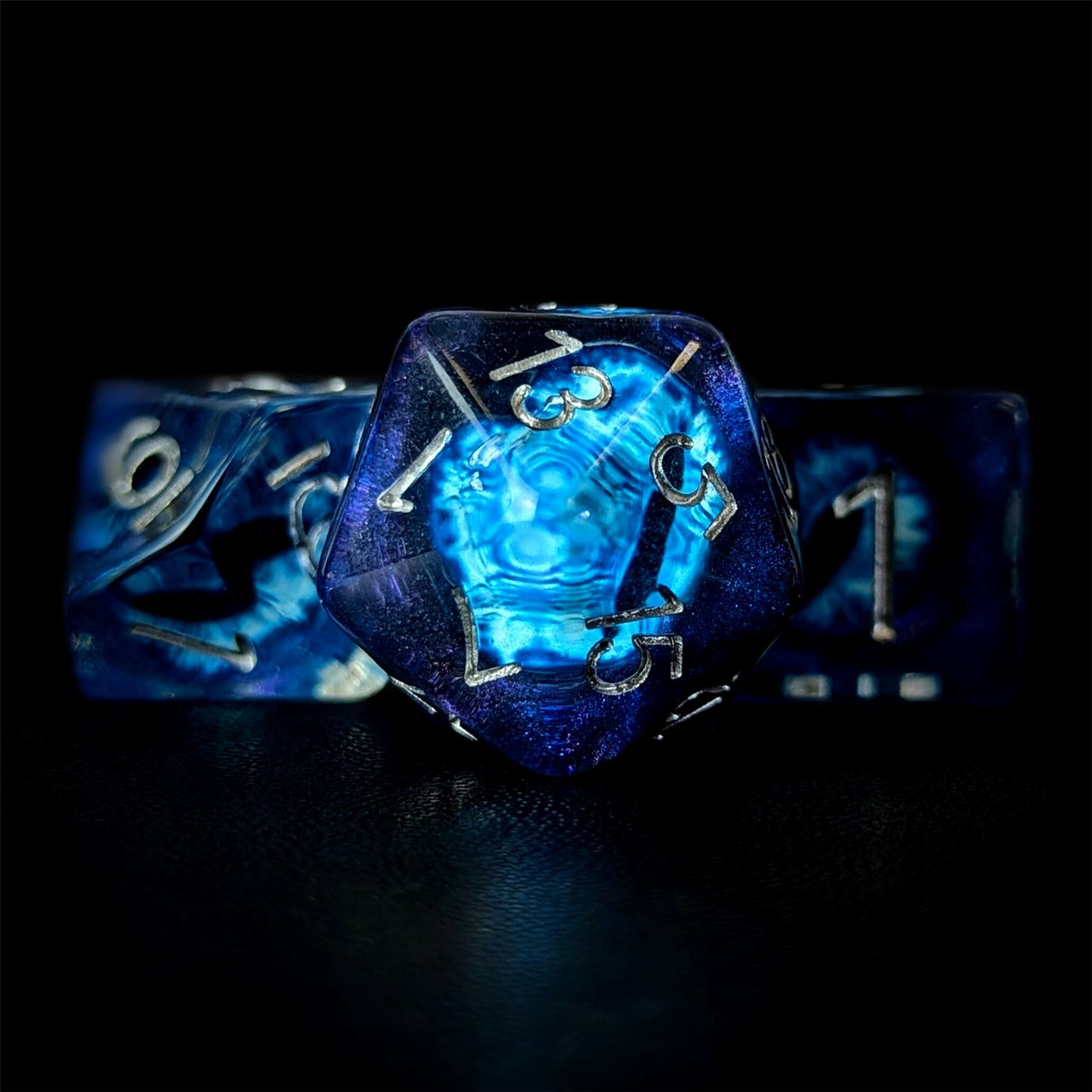 Demon Eye in Clear & Royal Blue Resin - 7pcs RPG Full Dice Set