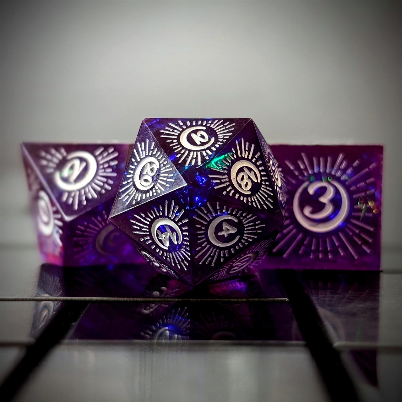 Moon on Purple with White Swirl Sharp Resin - 7pcs RPG Dice Set