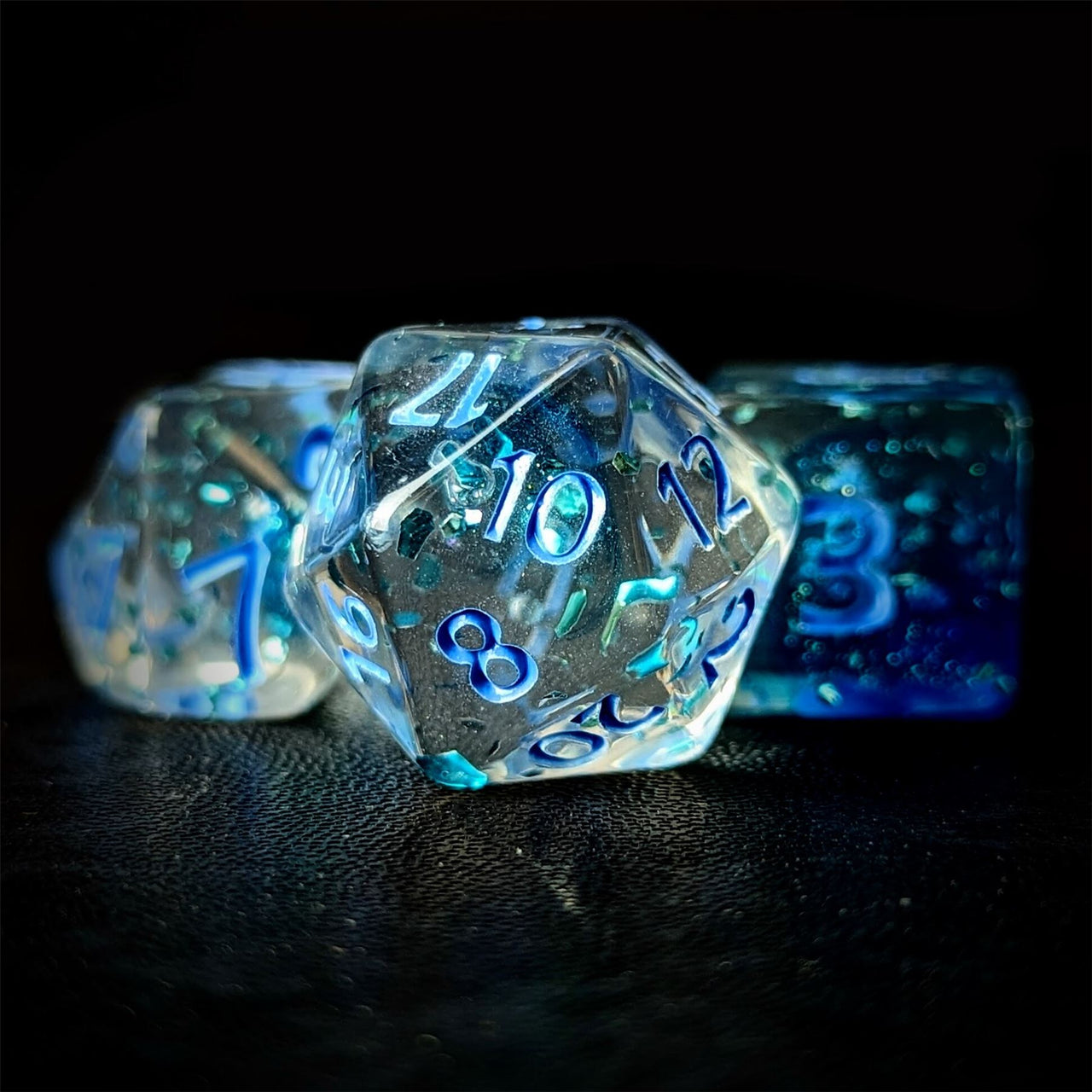 Glitter in Clear Blue Acrylic - 7pcs RPG Full Dice Set Close