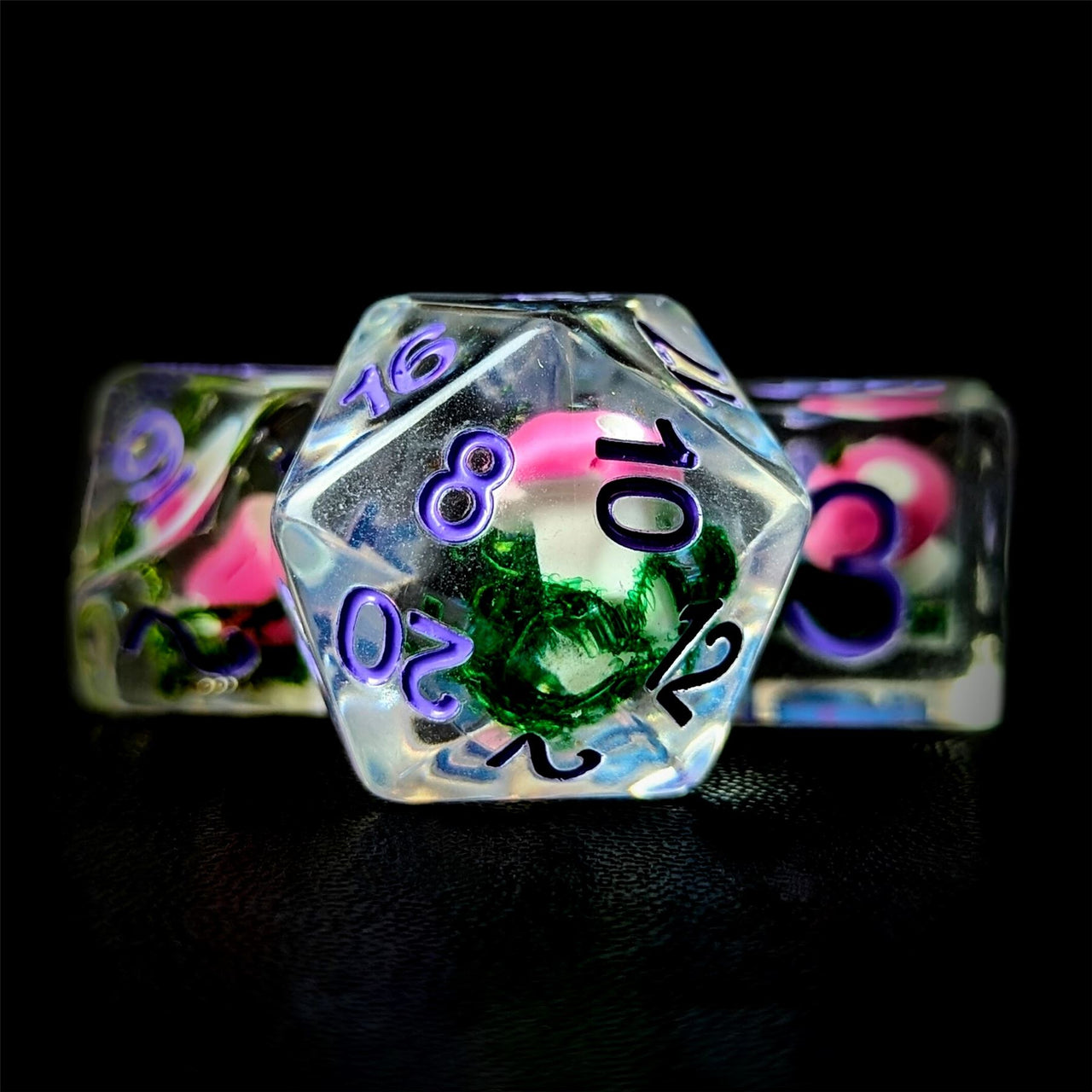 Pink Mushroom in Clear Resin - 7pcs RPG Full Dice Set