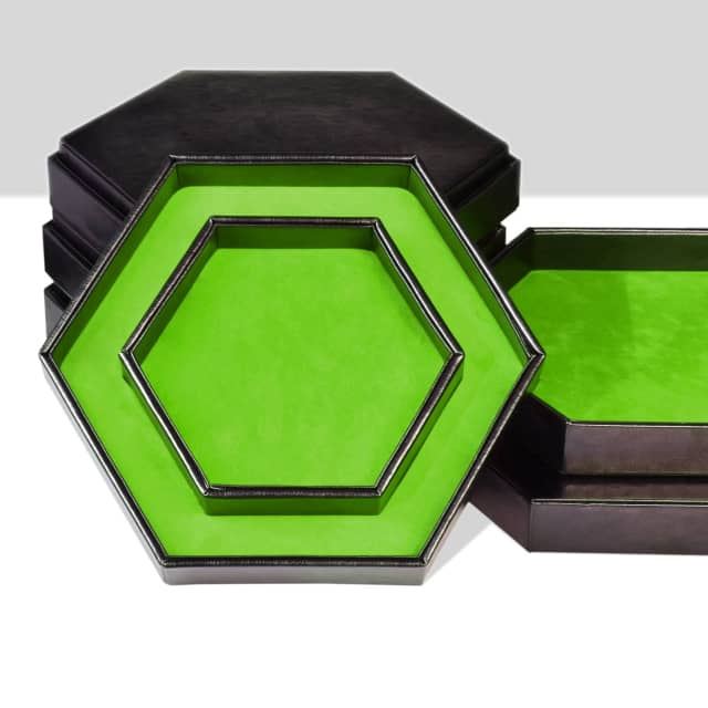 Green Velvet & Black PU Leather - Hexagon Lid Dice Tray