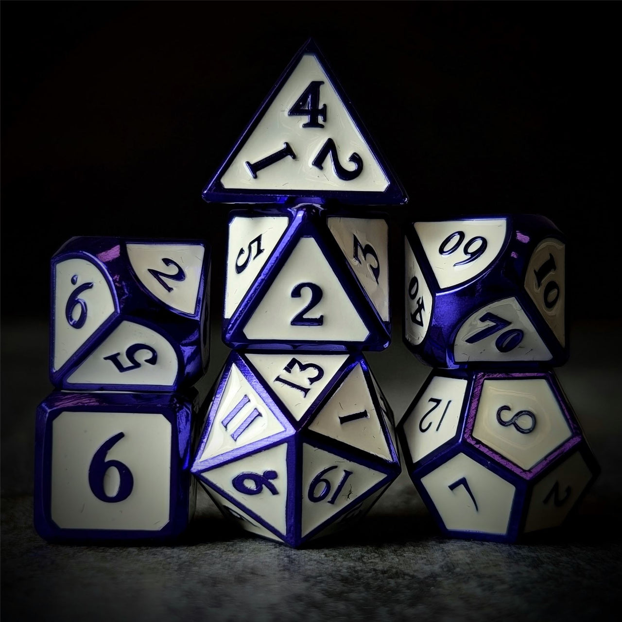 Purple & White Metal - 7pcs RPG Dice Set