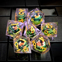 Thumbnail for Green Dragon Eye Ball in Clear & Purple Filled Sharp Resin - 7pcs RPG Dice Set