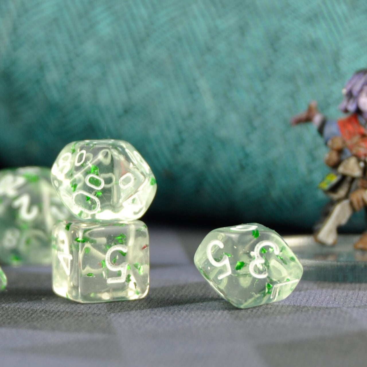 Glitter in Clear & Green Acrylic - 7pcs RPG Mini Dice Set