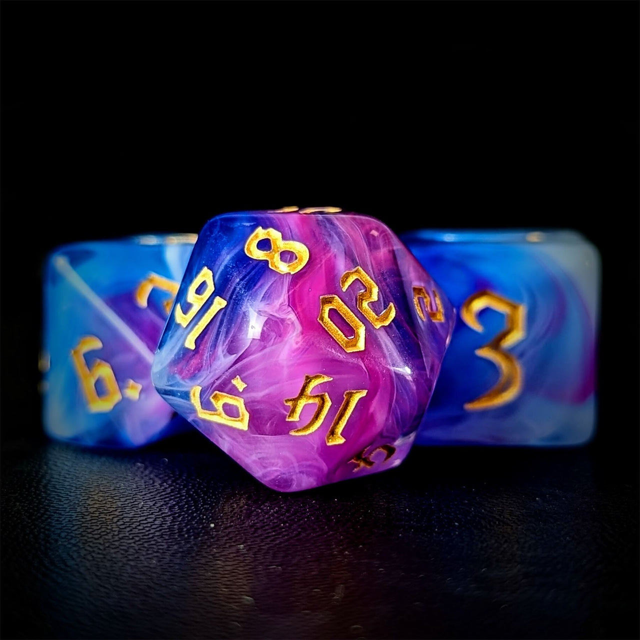 Blend of Blue & Pink Acrylic - 7pcs RPG Full Dice Set Close