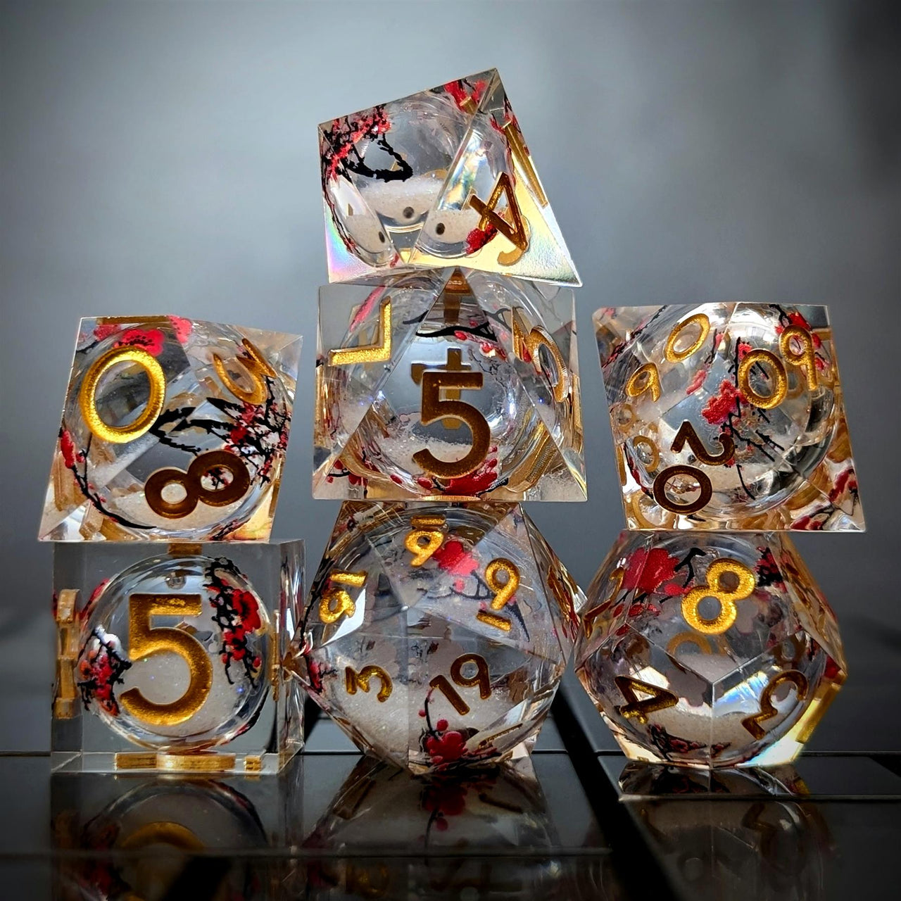 7pcs Dice Sharp Filled Liquid Wintersweet Flower Gold Font Red White