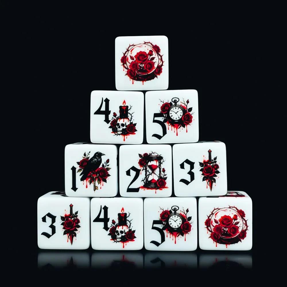 6pcs D6 16mm Dice Acrylic Printed Gothic Black Font Red White