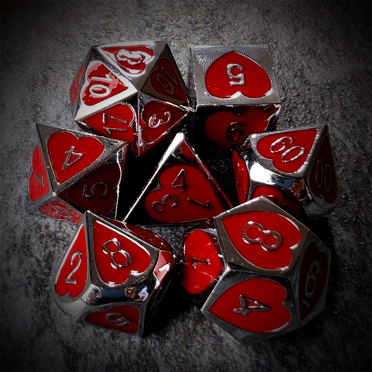 Red Heart Enamel in Silver Metal - 7pcs RPG Dice Set