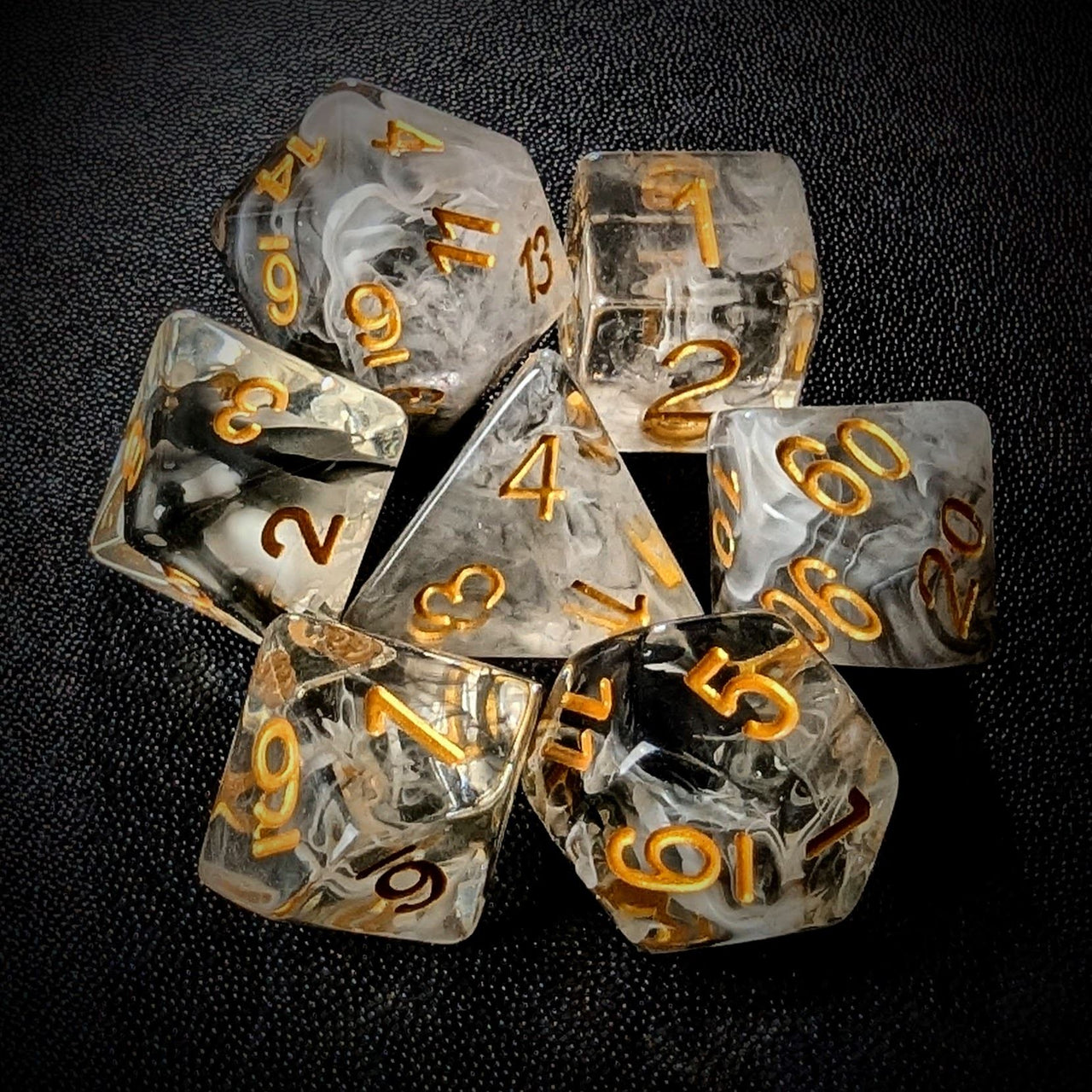 Black & White Swirl in Clear Resin - 7pcs RPG Full Dice Set