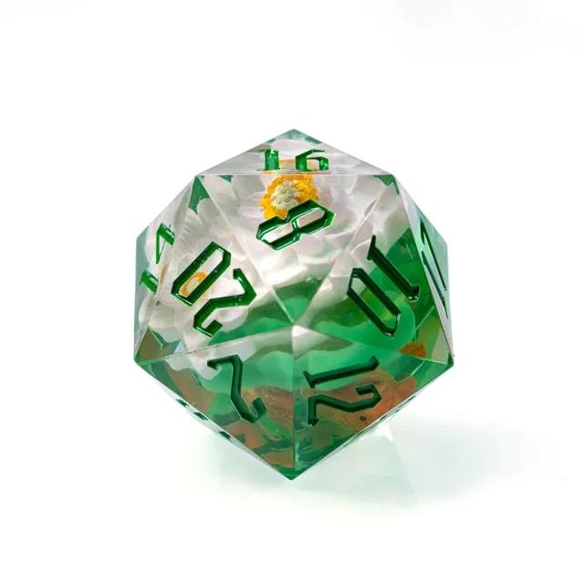 White Flower in Clear & Green Sharp Resin - D20 RPG Dice