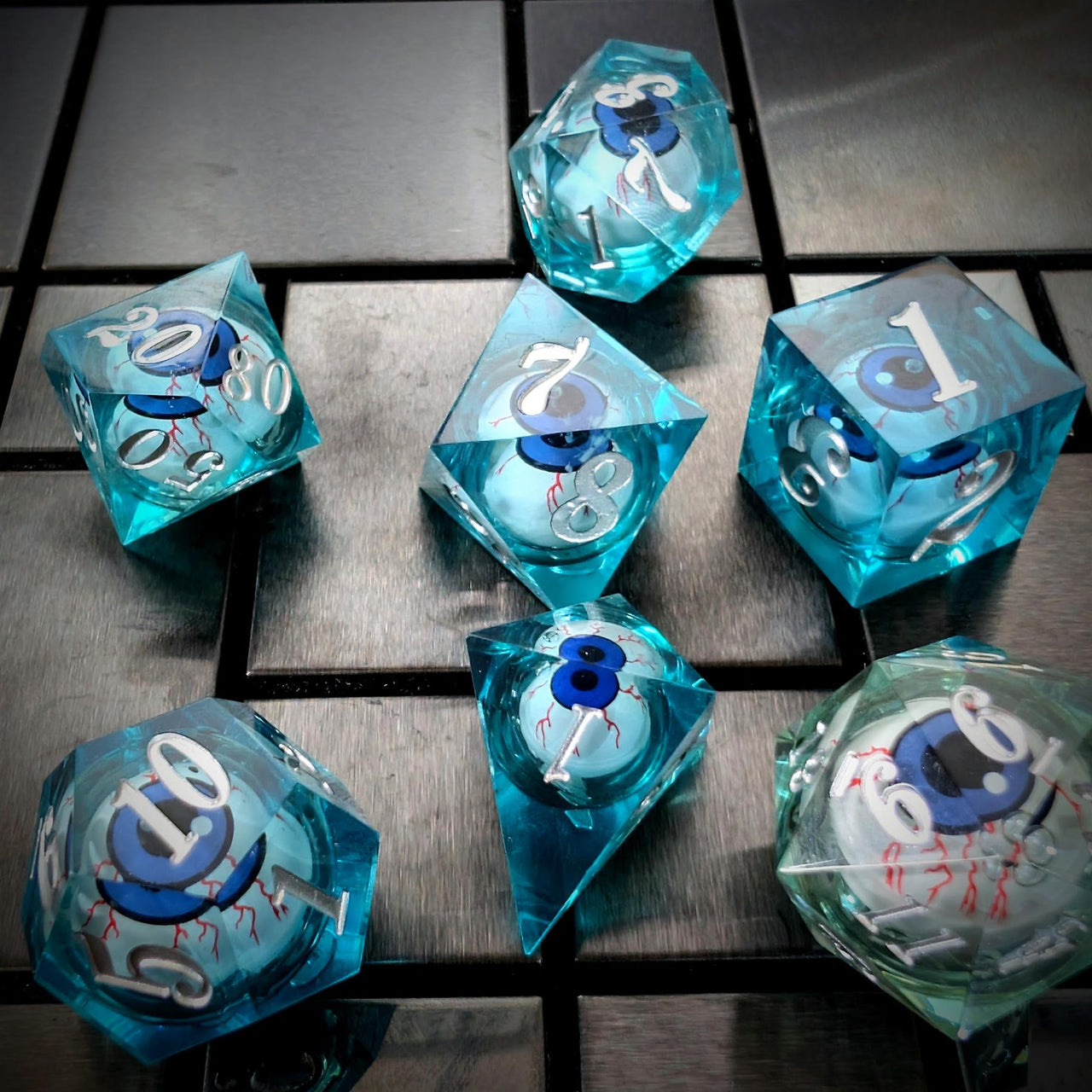 Eye Ball in Clear & Blue Liquid Filled Sharp Resin - 7pcs RPG Dice Set