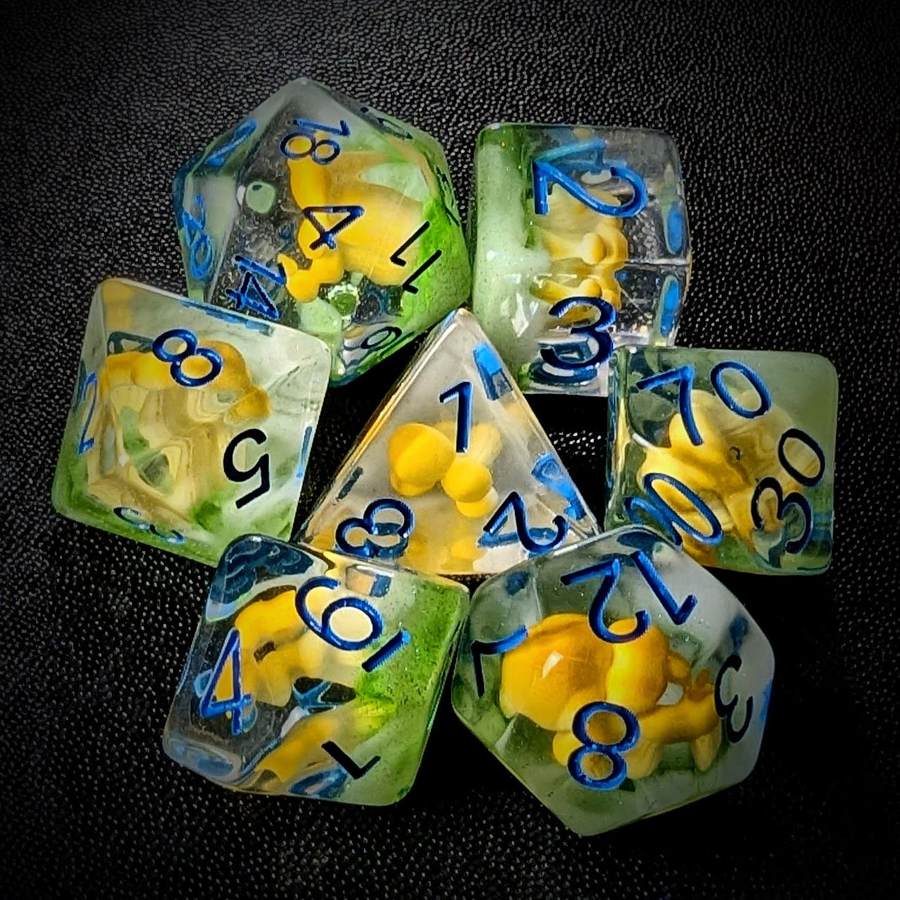 Yellow Mashroom in Clear & Green Resin - 7pcs RPG Full Dice Set