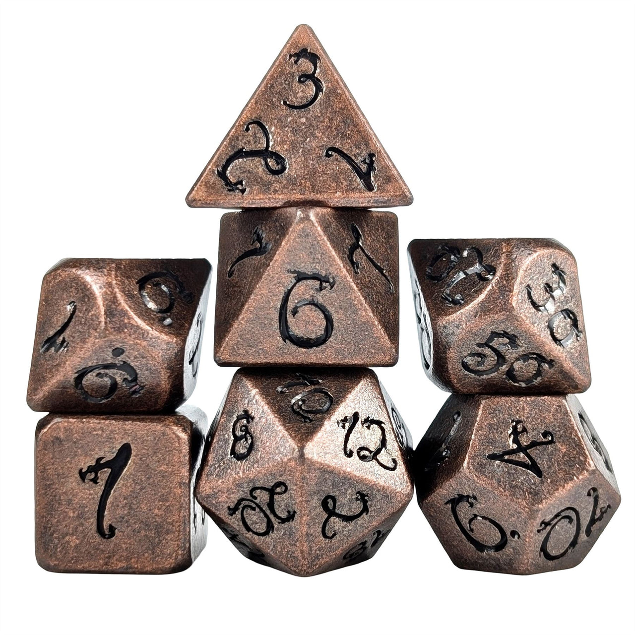 Copper Metal with Black Dragon Font - 7pcs RPG Dice Set