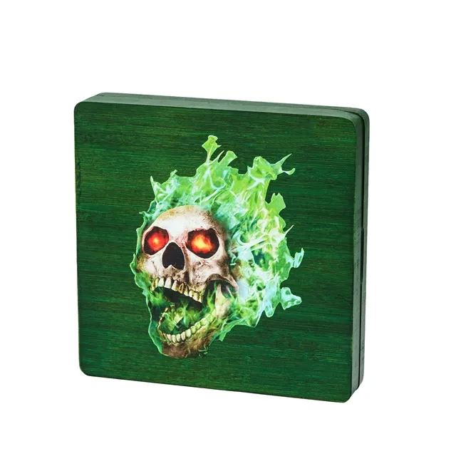 Green Skull on Bamboo Wood - Magnetic Dice Storage