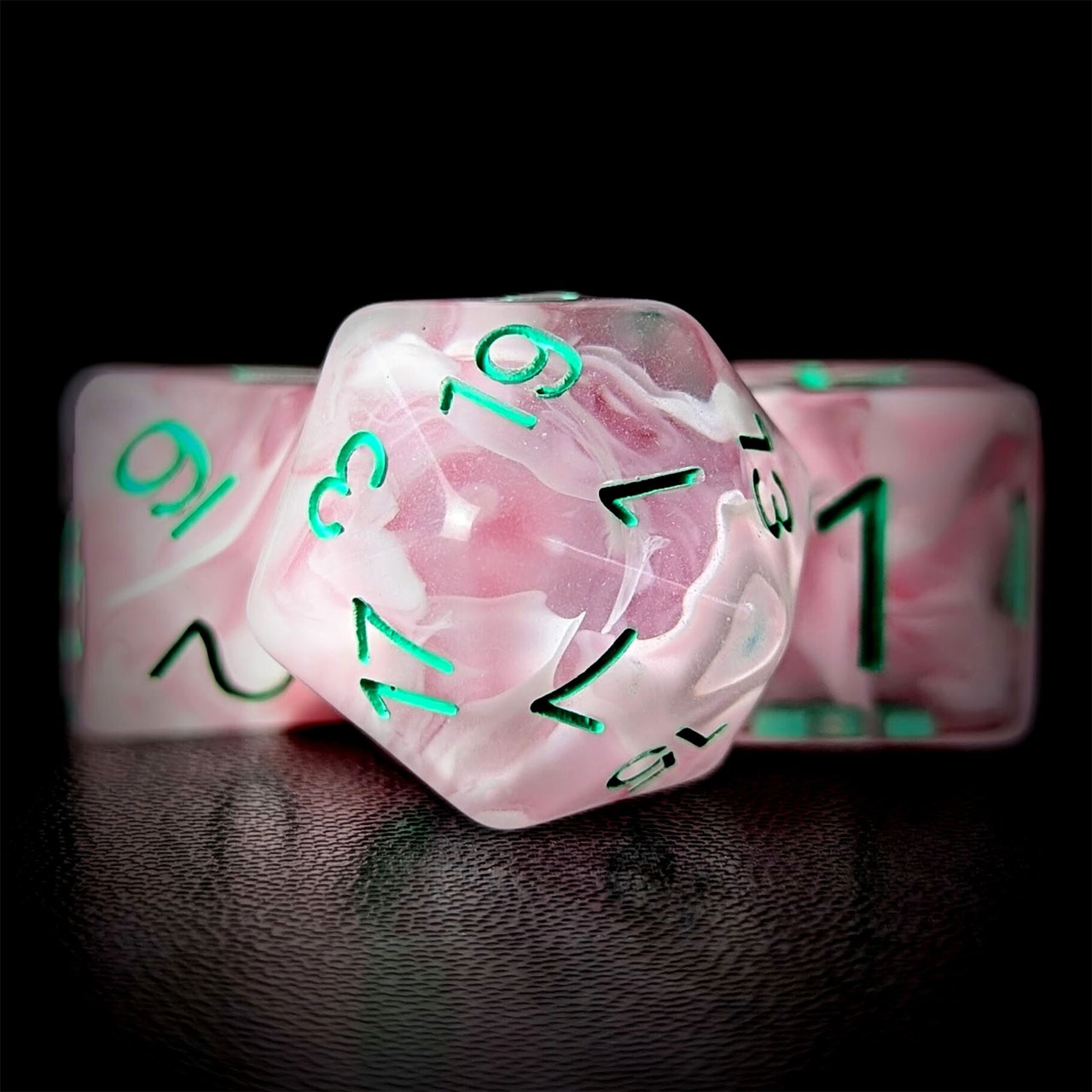 Pink Swirl in Clear Resin - 7pcs RPG Full Dice Set