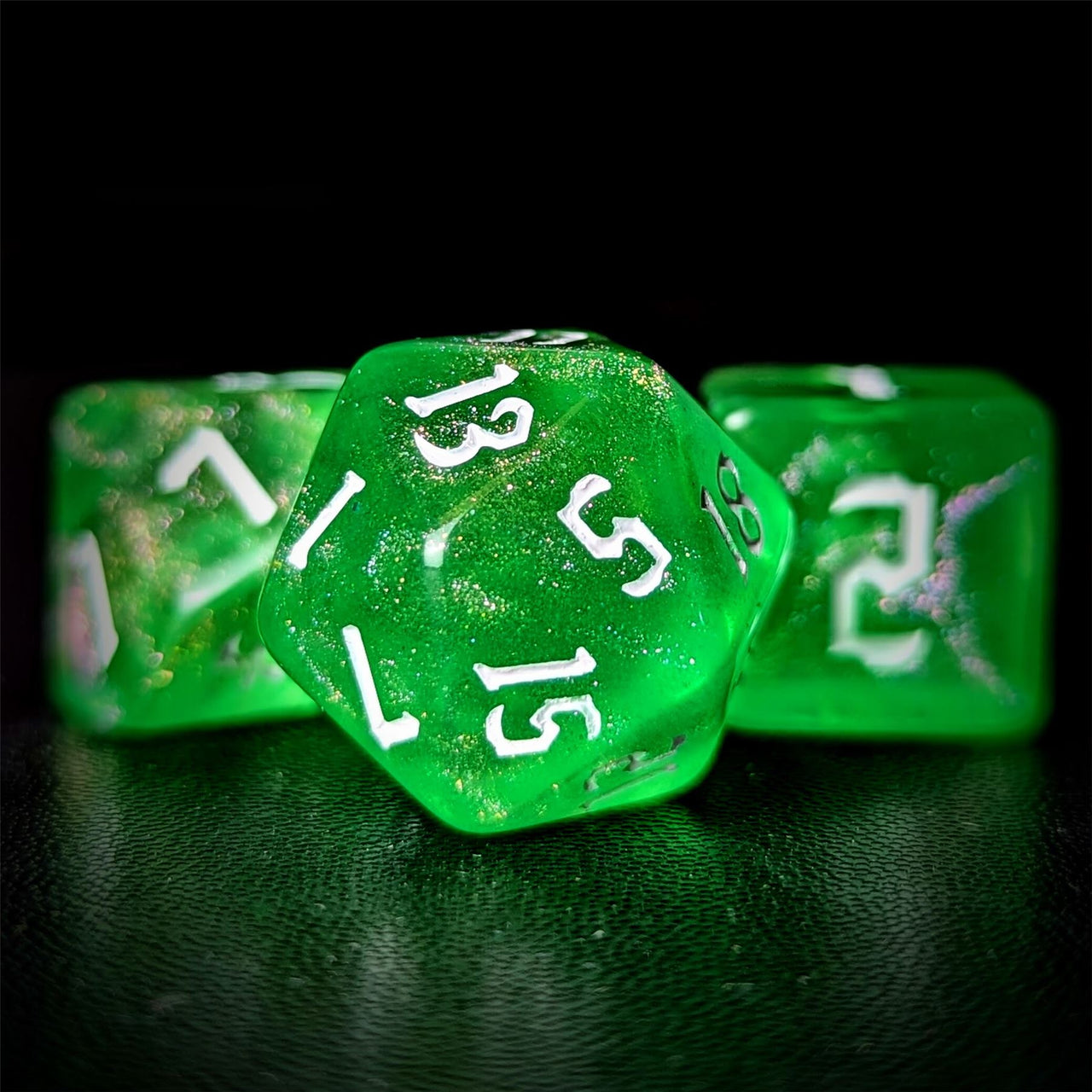 Glitter in Green Acrylic - 7pcs RPG Full Dice Set Close