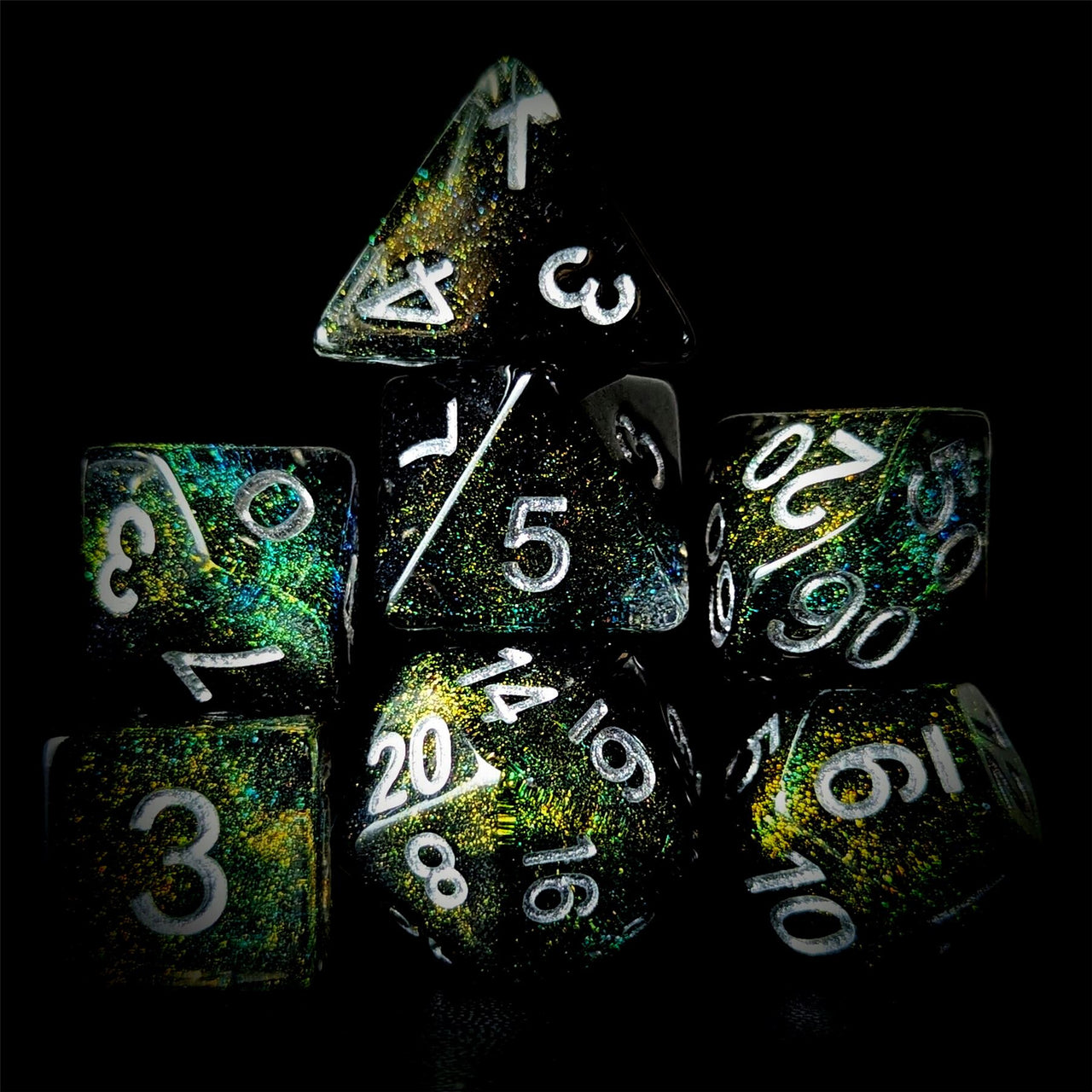 Layered Black & Clear with Shimmer Resin - 7pcs RPG Full Dice Set