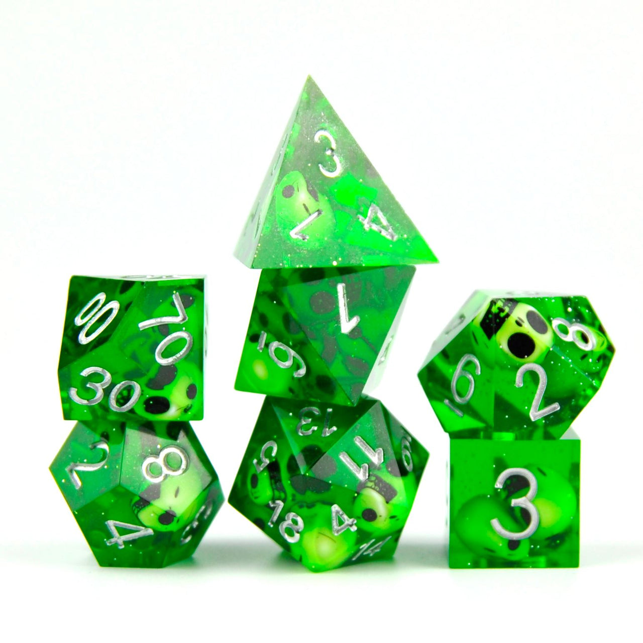 Skull in Green Filled Sharp Resin - 7pcs RPG Dice Set