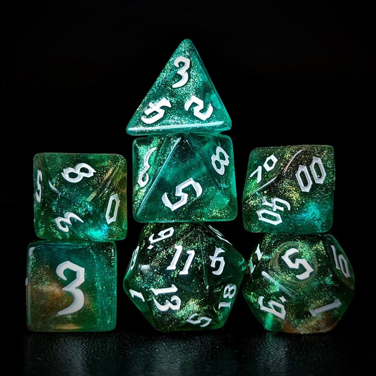 Glitter in Green & Yellow Acrylic - 7pcs RPG Full Dice Set Dark Stack