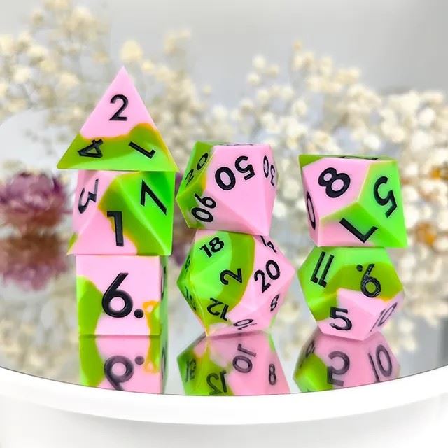 Green & Pink Layered Silicone - 7pcs RPG Full Dice Set