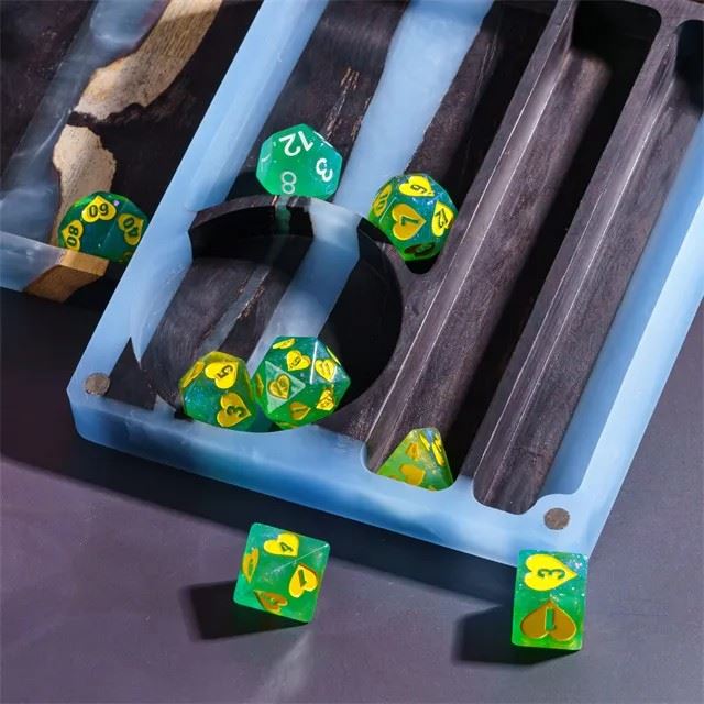 Blue Resin on Wood with 7 Slots - Magnetic Dice Storage