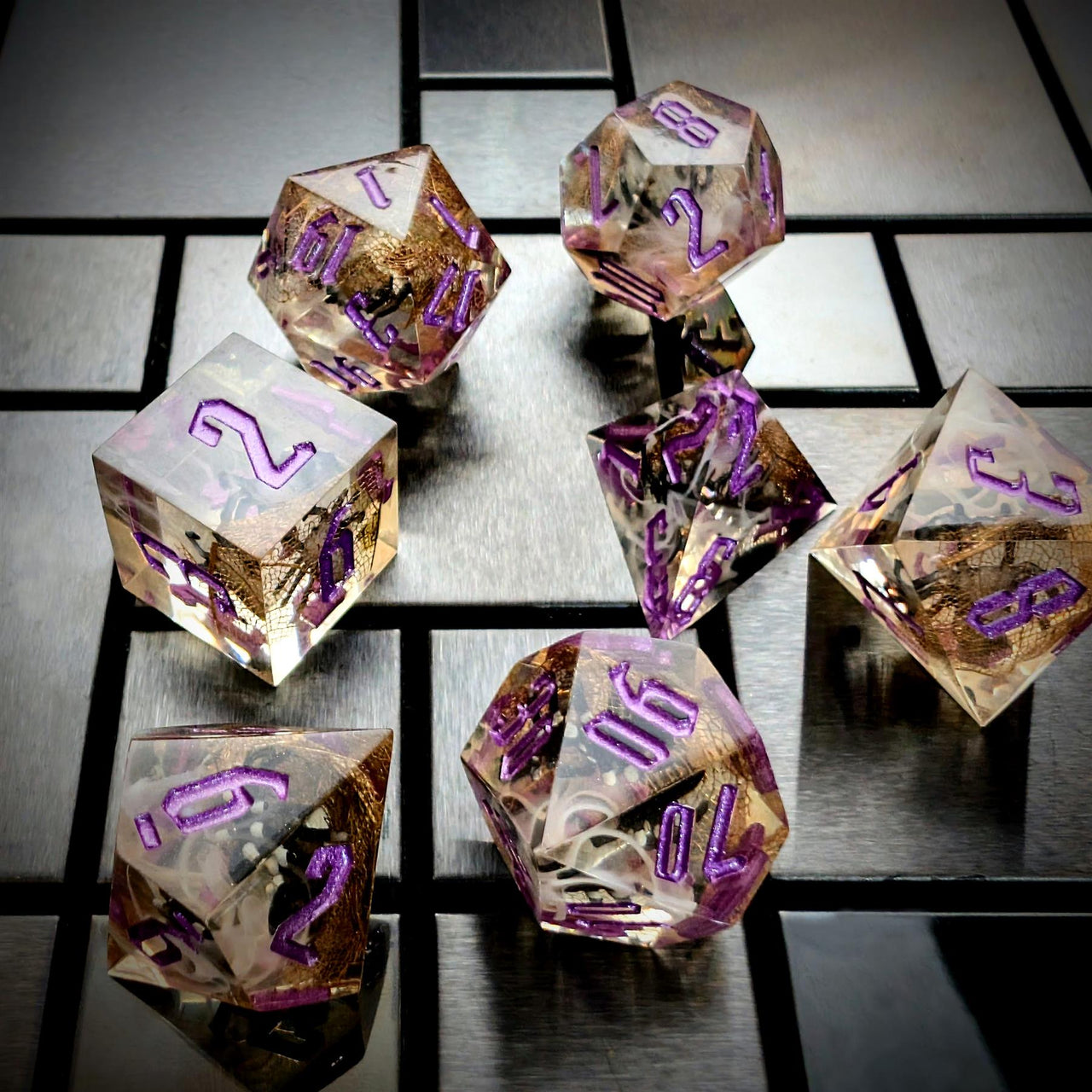 Spider in Clear Filled Sharp Resin - 7pcs RPG Dice Set