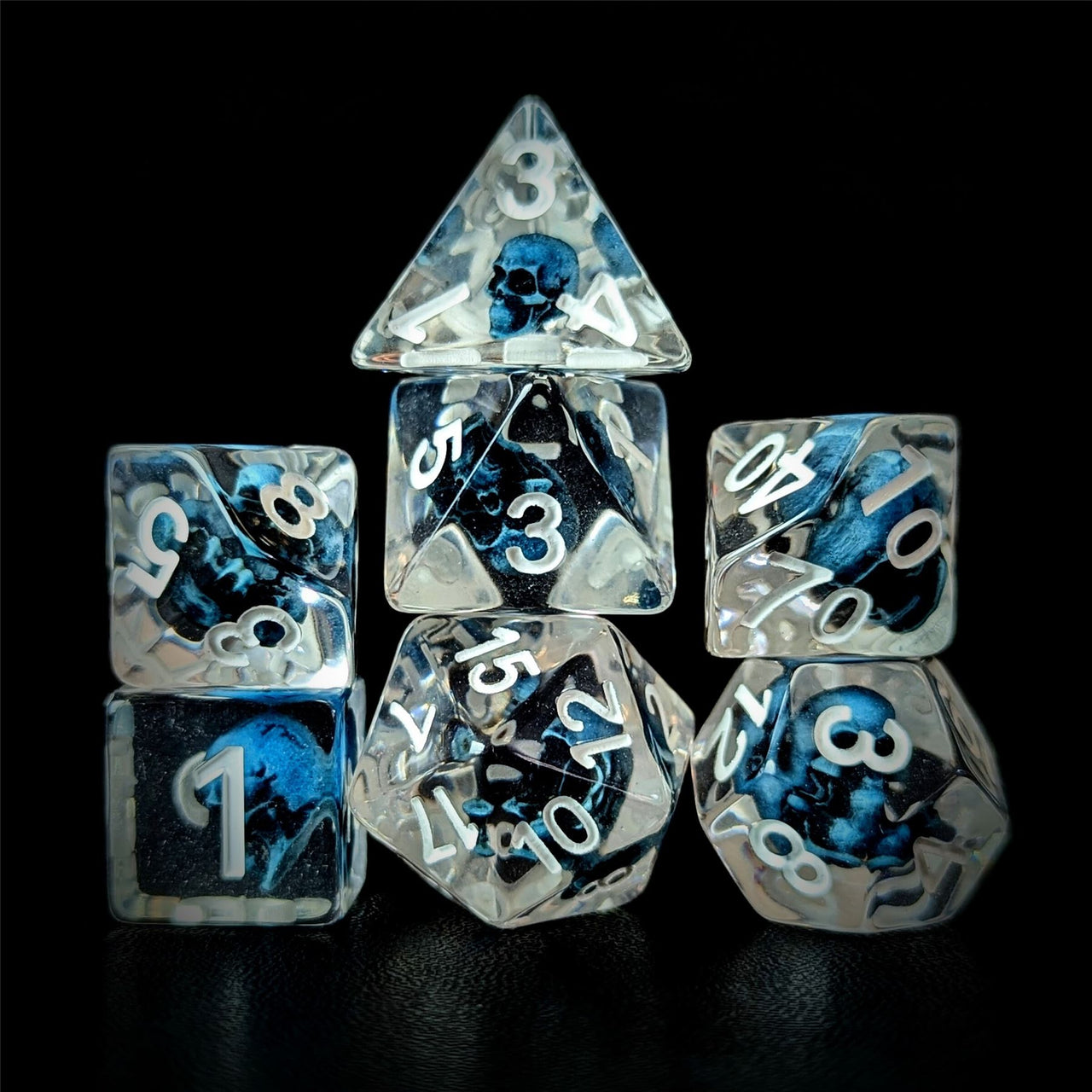 Blue Skull in Clear Resin - 7pcs RPG Full Dice Set