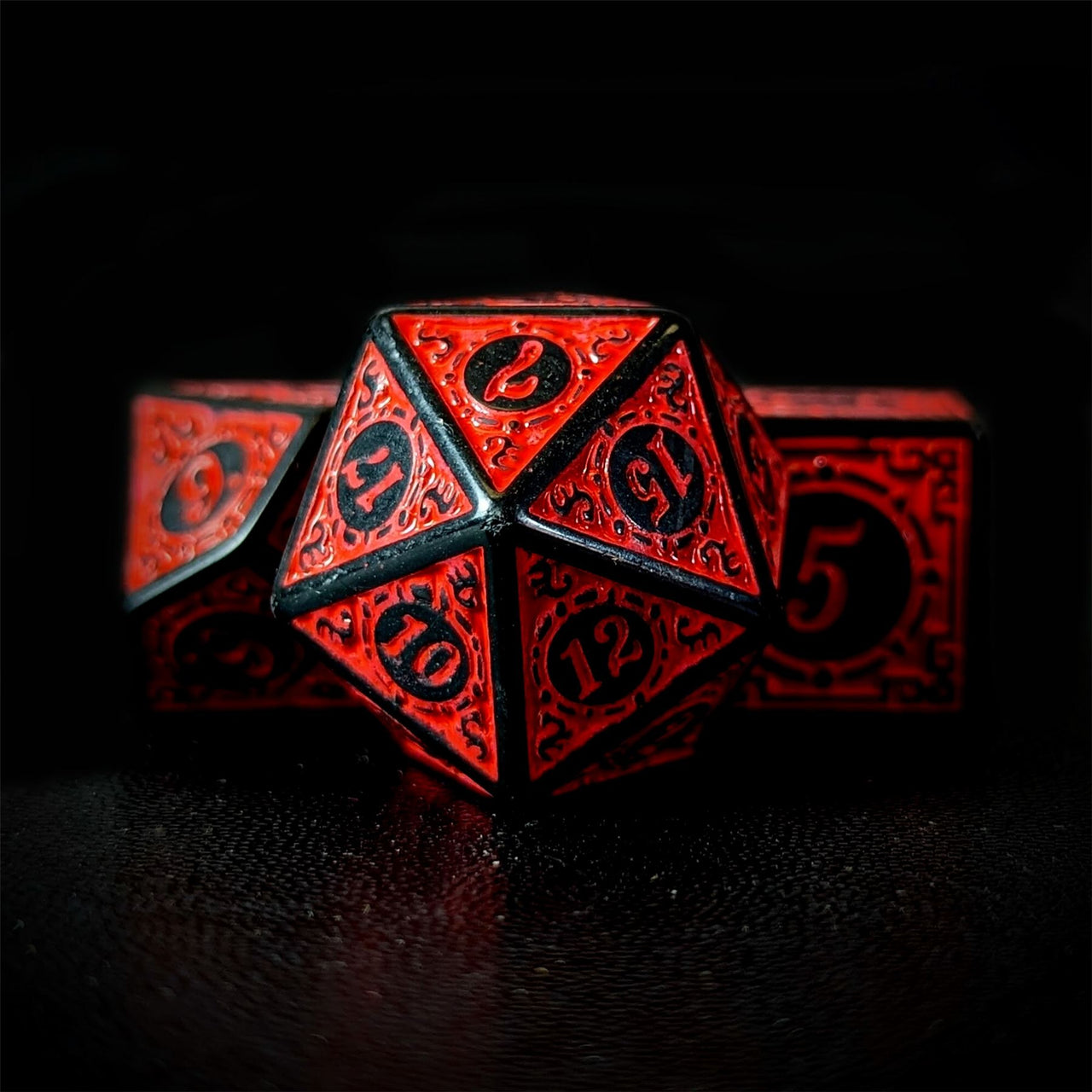 Red Lattice on Black Acrylic - 7pcs RPG Full Dice Set Close