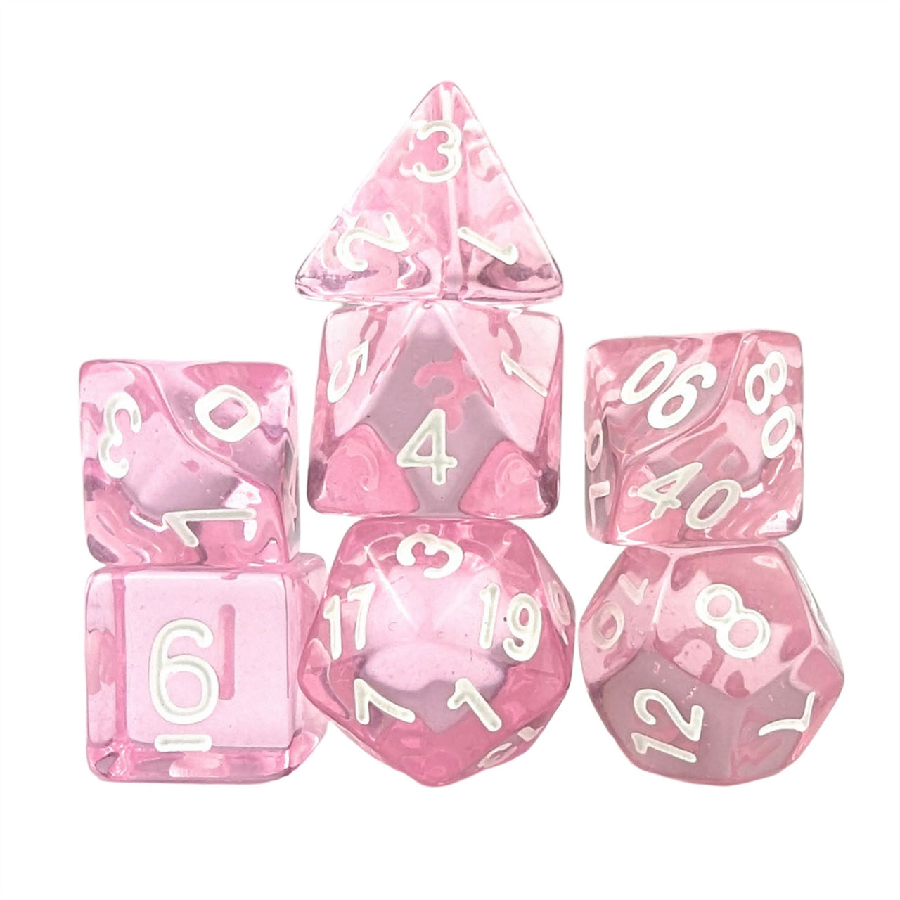 Clear Pink Acrylic - 7pcs RPG Full Dice Set White Stack