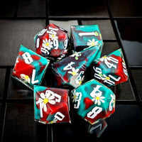 Thumbnail for White Flower in Red & Green Filled Sharp Resin - 7pcs RPG Dice Set