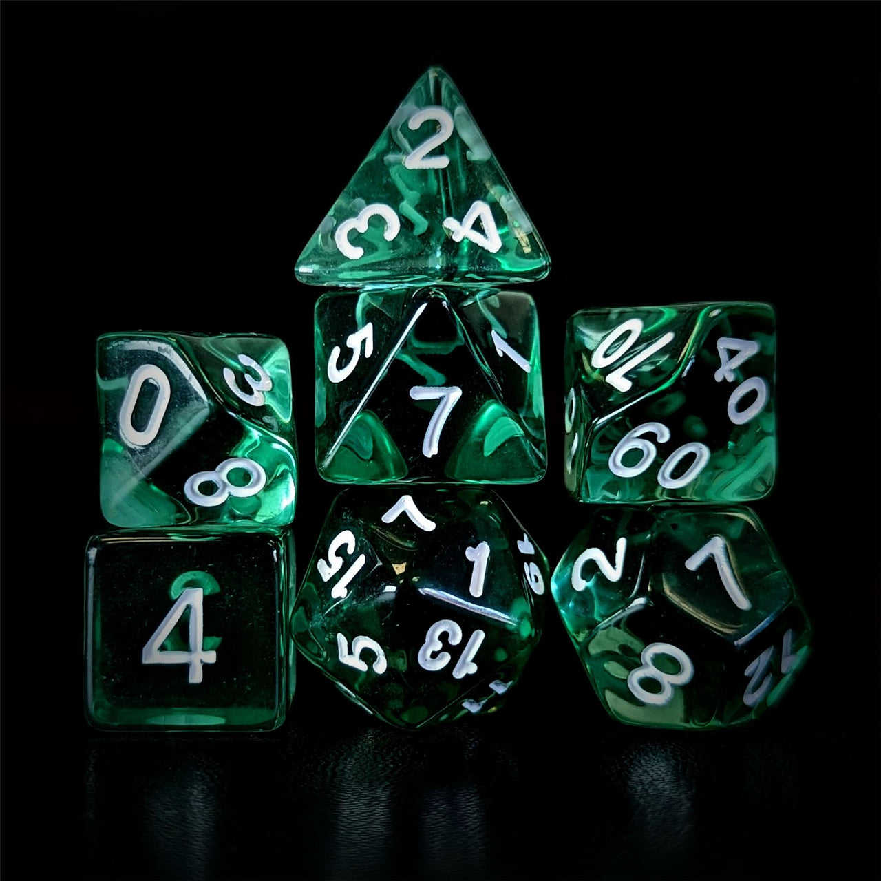 Clear Green Acrylic - 7pcs RPG Full Dice Set Dark Stack