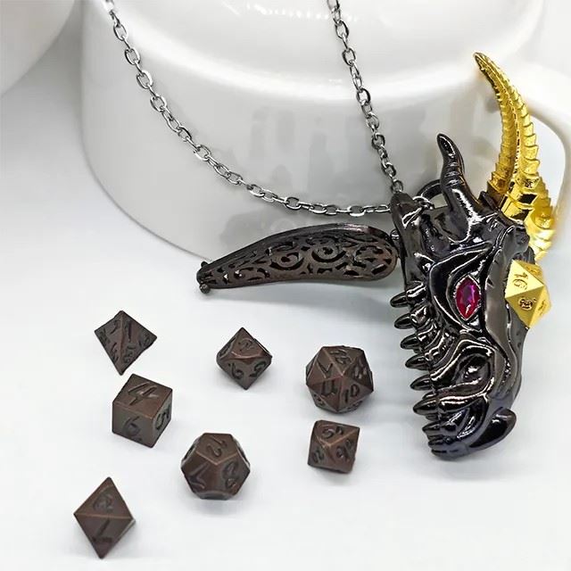 Gold & Black Horned Dragon with Bronze Metal Mini Dice Set Necklace