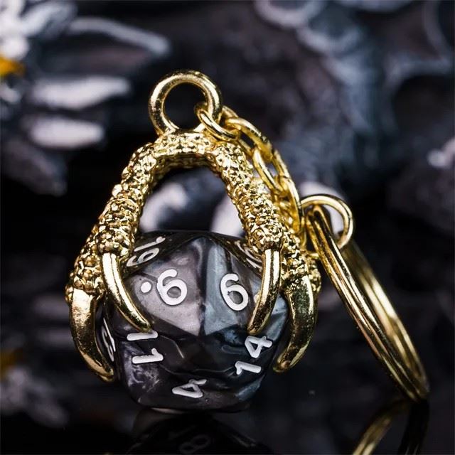 Black & White Acrylic in  Gold Metal Claw - D20 Keyring