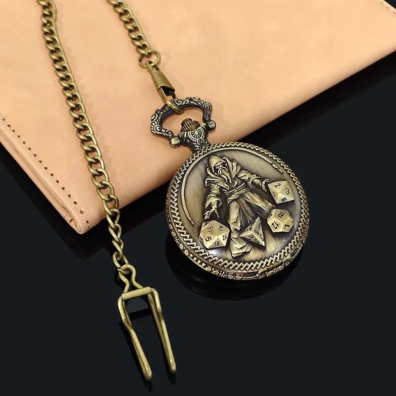 Wizard on Bronze Pocket Watch with Mini Dice - Pendant