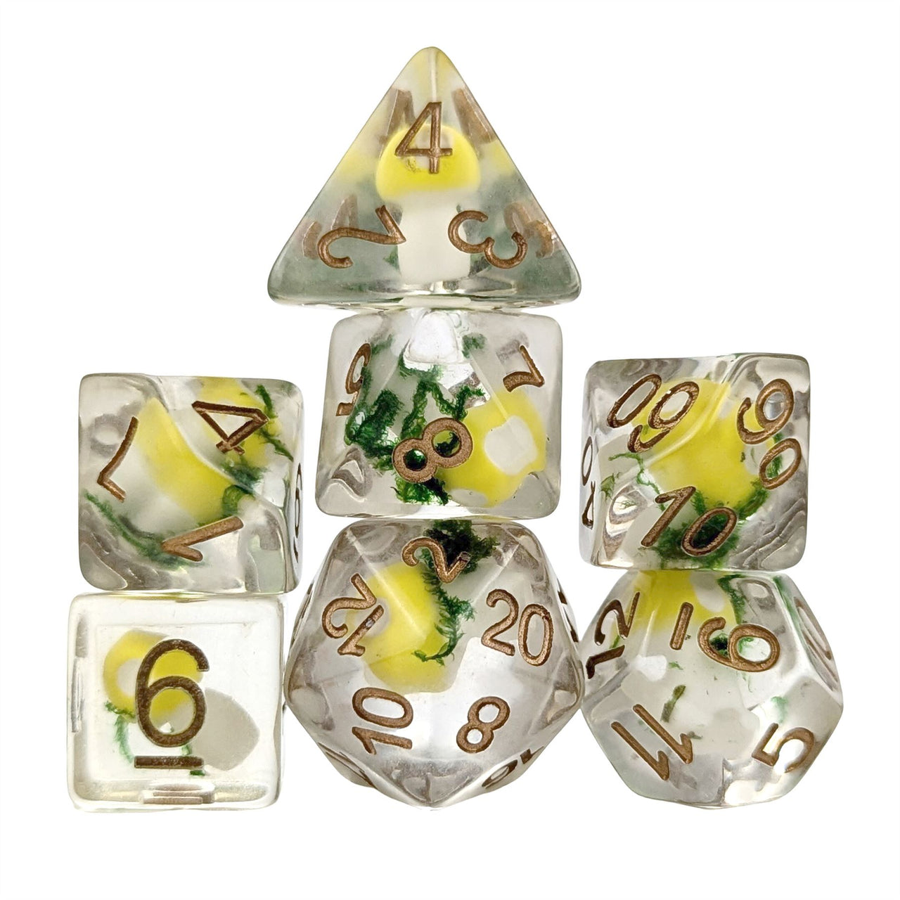 Yellow Mushroom in Clear Resin - 7pcs RPG Full Dice Set