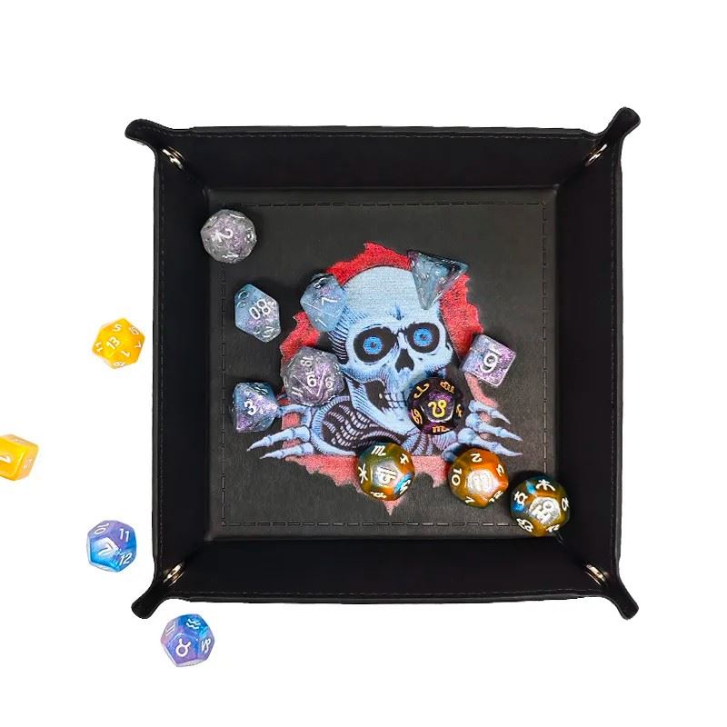 Skeleton on Black PU Leather - Square Hard Dice Tray